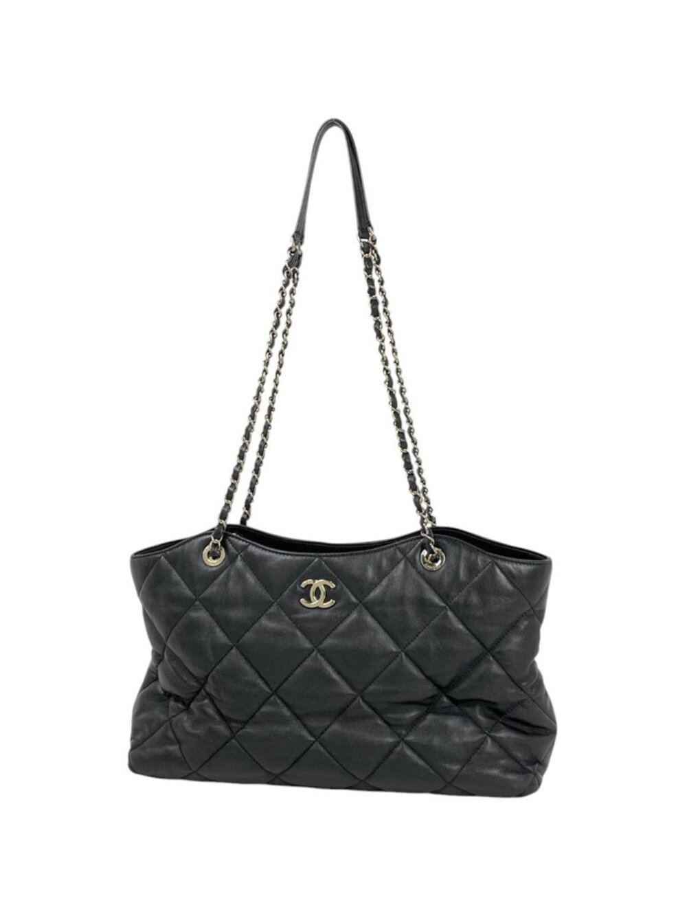 Chanel Tote CC Logo Quilted 2-Way Drawstring Leather Black